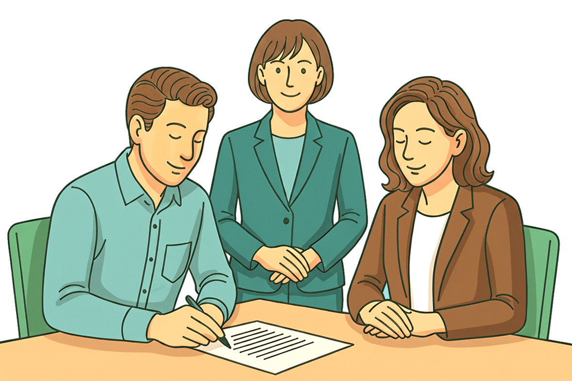 Ilustración del abogado supervisando la firma de un acuerdo